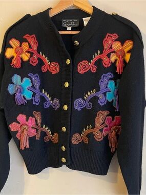 Vintage 80s Suzelle Black Wool Angora Cardigan Floral Appliqué Tassel Crest Butt